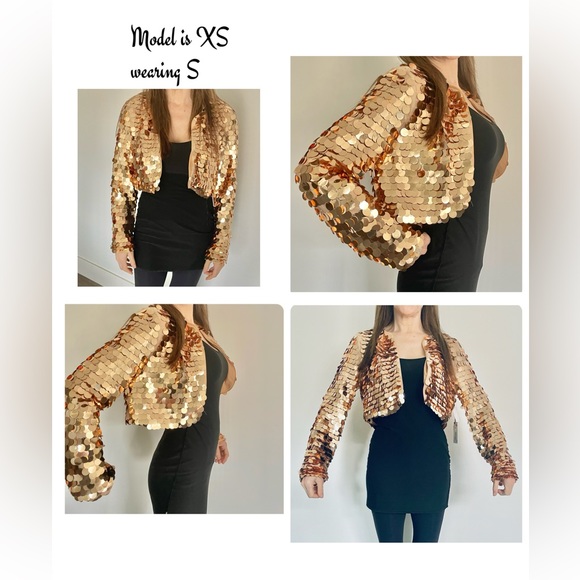 NWT gold spangle cropped bolero sequin long sleeve short jacket KENSIE rose tan - Picture 2 of 8